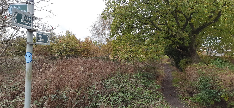 example of a public right of way showing a small soil path with green public footpath signage