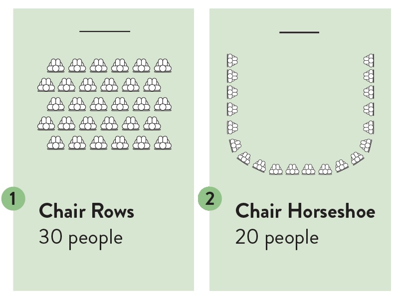 Two diagrams: 1. Chair Rows 30 People, 5 rows of 5 chairs / 2. Chair Horseshoe 20 People, Horseshoe shape of 20 chairs - both facing a central TV