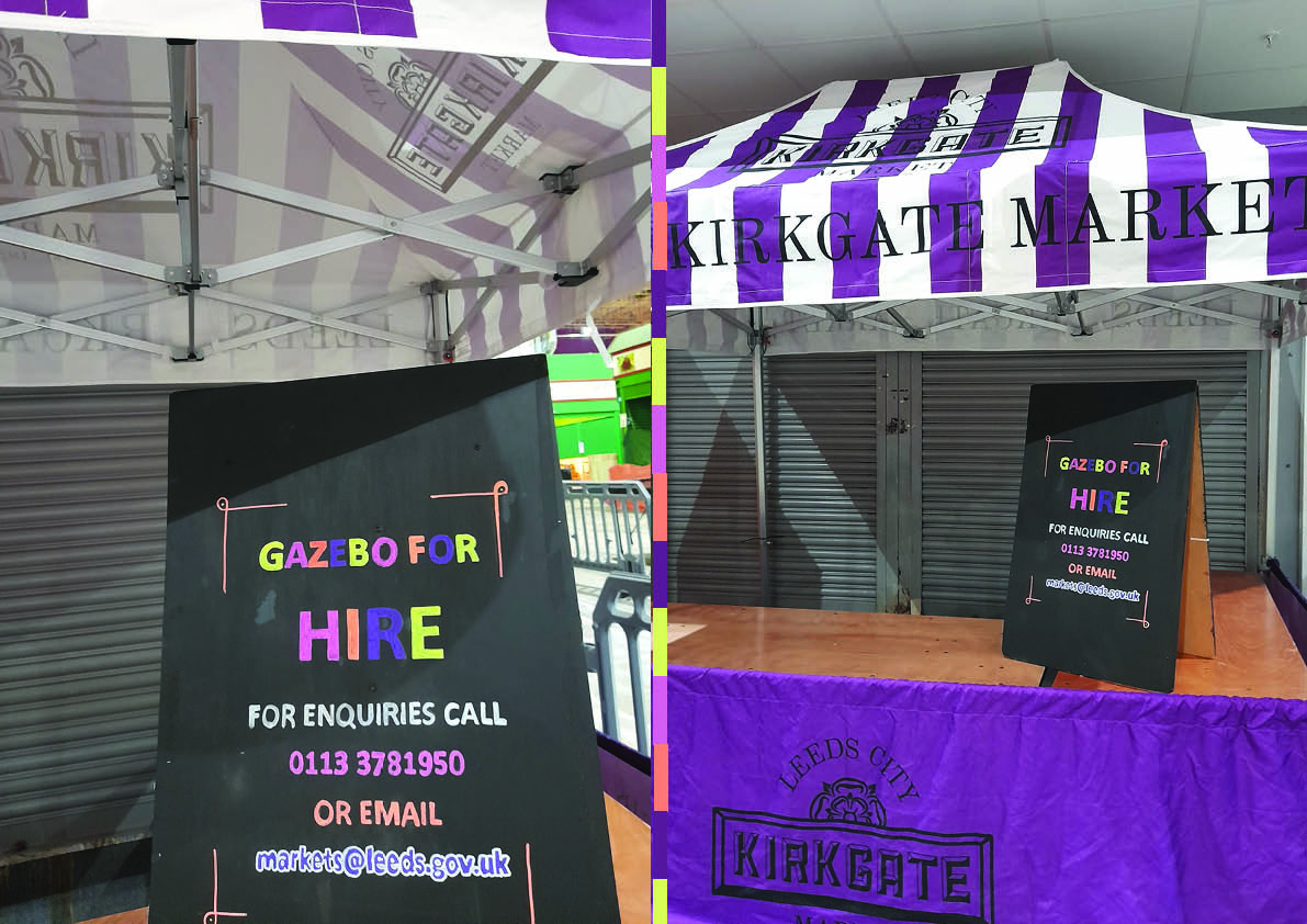 Photo showing a Leeds Market branded gazebo available to rent daily for businesses