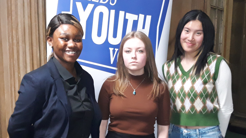 Photograph of the 3 Members of the current Youth Parliament for Leeds, Blessing, Amelia and Tian