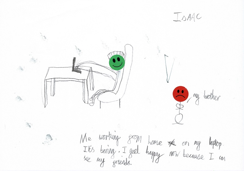 Drawing by Isaac, 10 years old showing a green smiling face stick person working from a laptop and an angry looking figure labelled 'my brother'