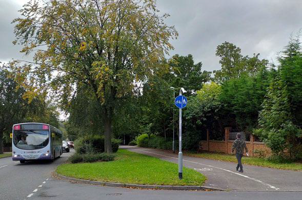 Picture of pedestrian and cycle route segregated from vehicular traffic by planted verge with shrubs and trees in Meanwood