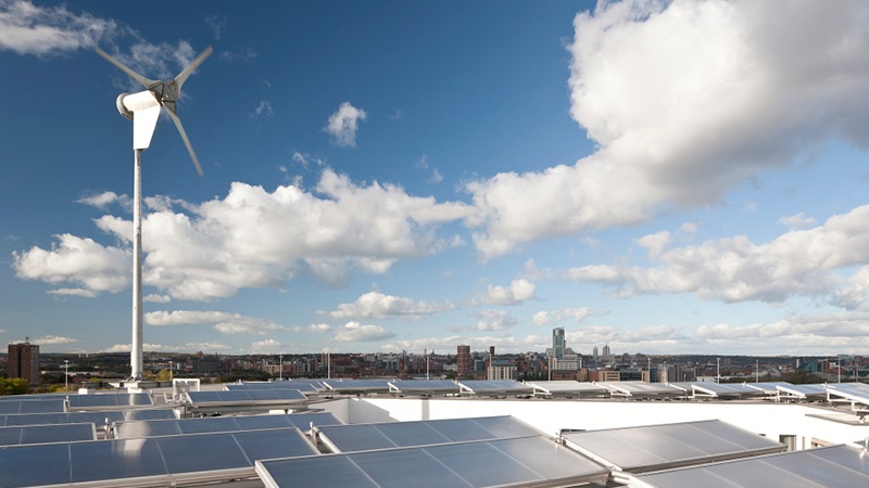 The Greenhouse development solar panels and wind turbine, South Leeds