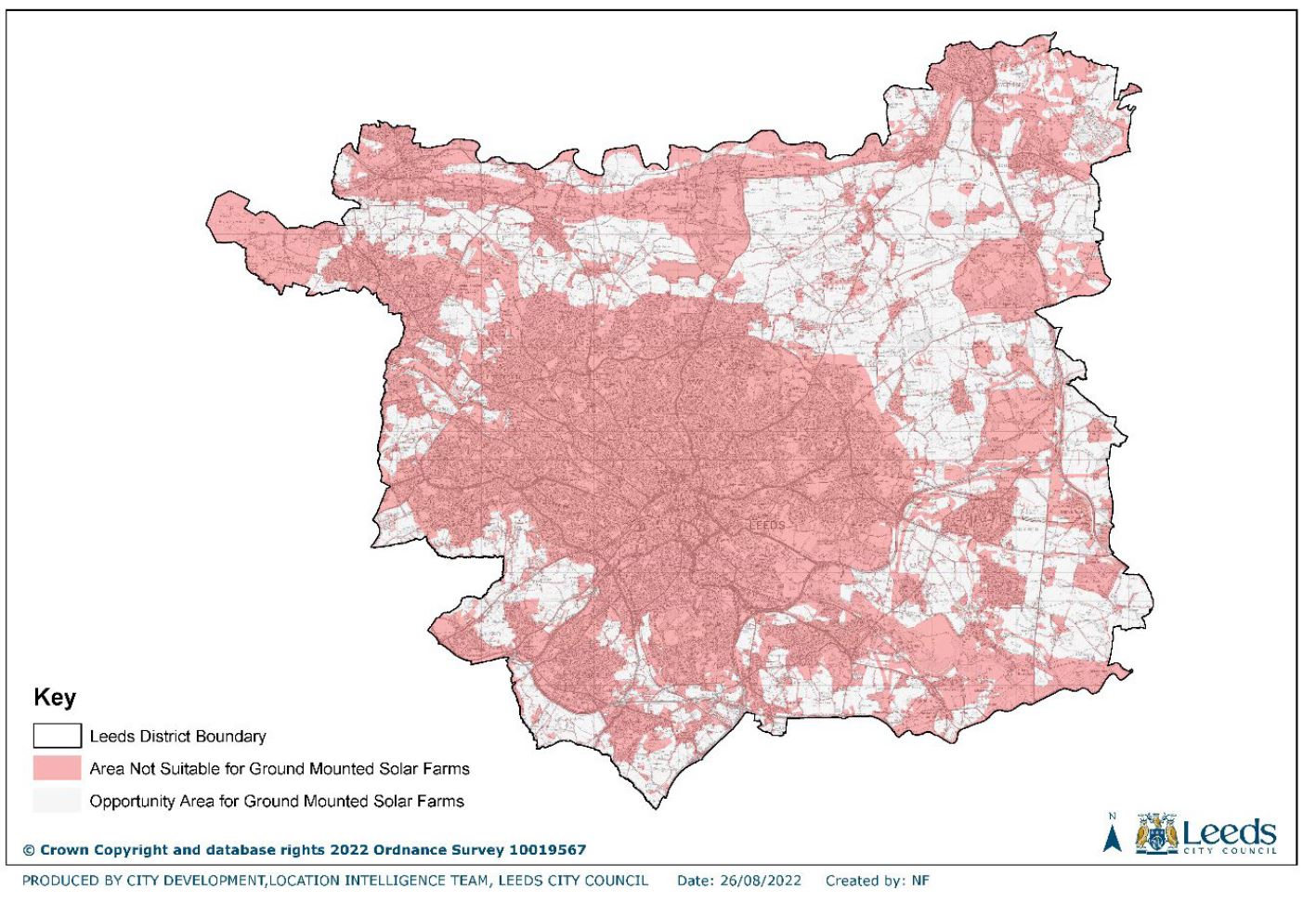 map showing areas of Leeds with solar energy opportunities
