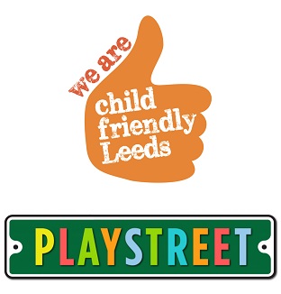 Child Friendly Leeds orange thumbs up logo with Play Streets logo underneath.