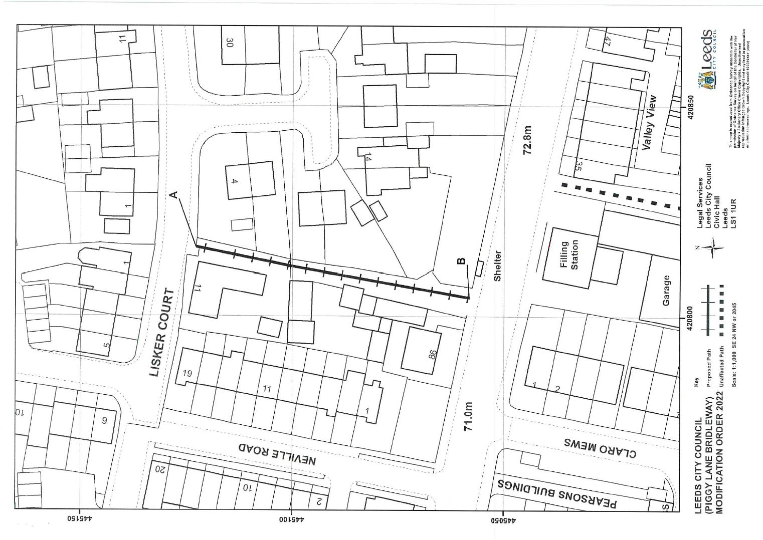 map showing path to be modified at Piggy Lane, Otley