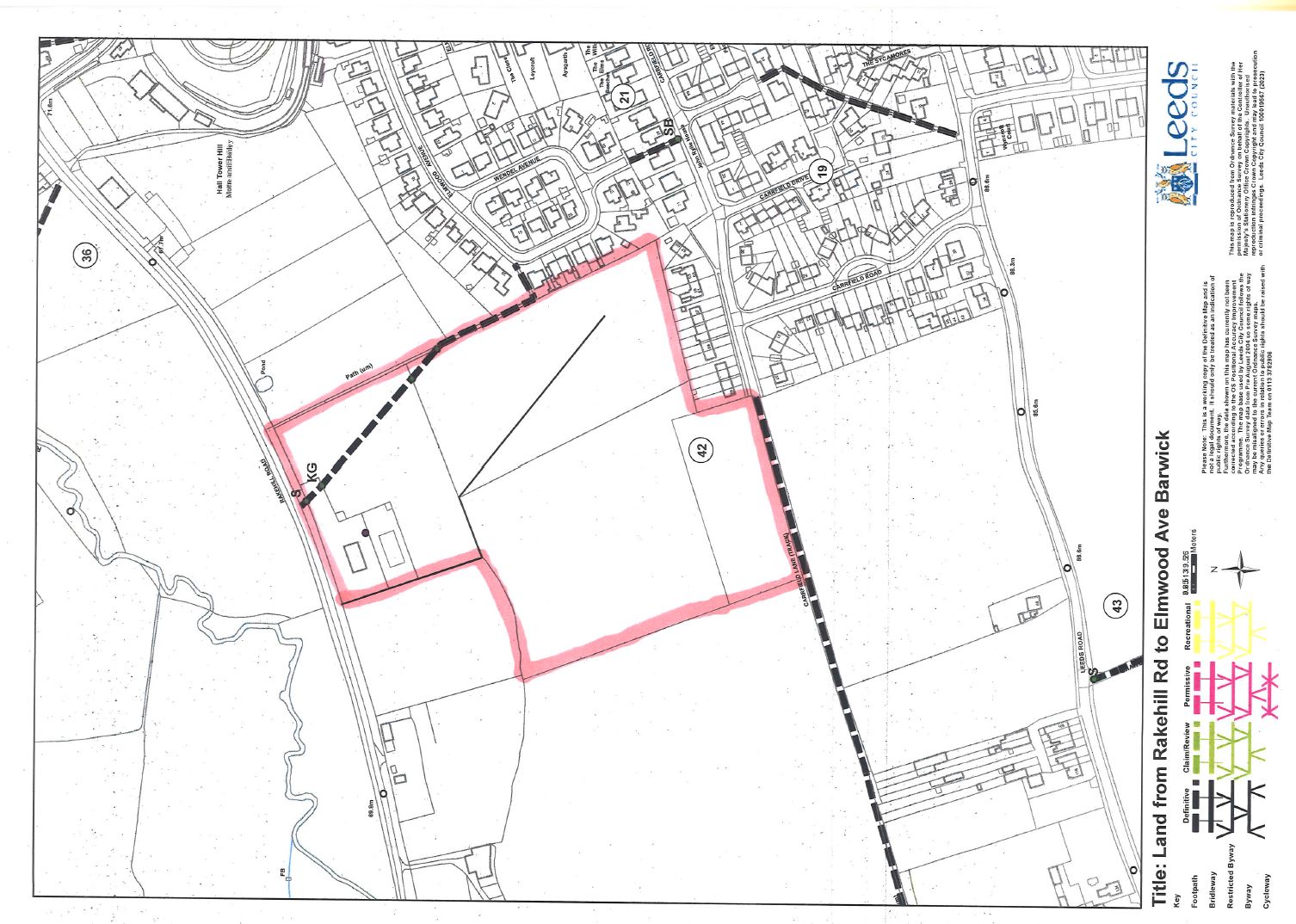 Map showing the designated public rights of way on Land running from Elmwood Avenue to Rakehill Road