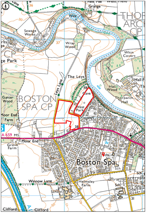 Map showing the designated public rights of way on land on the West and North West sides of Deepdale Lane, Boston Spa, Wetherby (LS23 6EW)