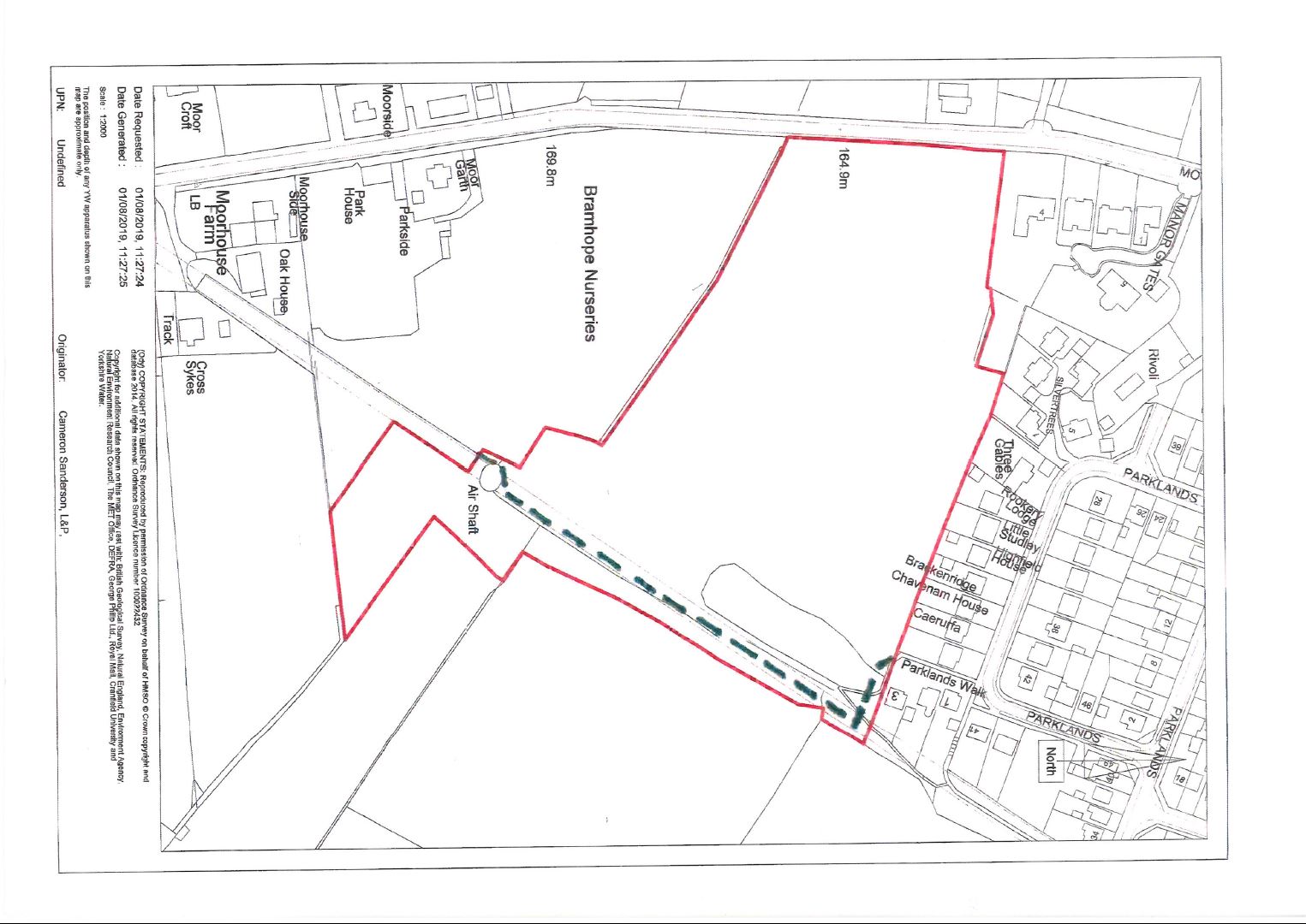 Map showing the designated public rights of way on Land at Manor Gates, Moor Road, Bramhope