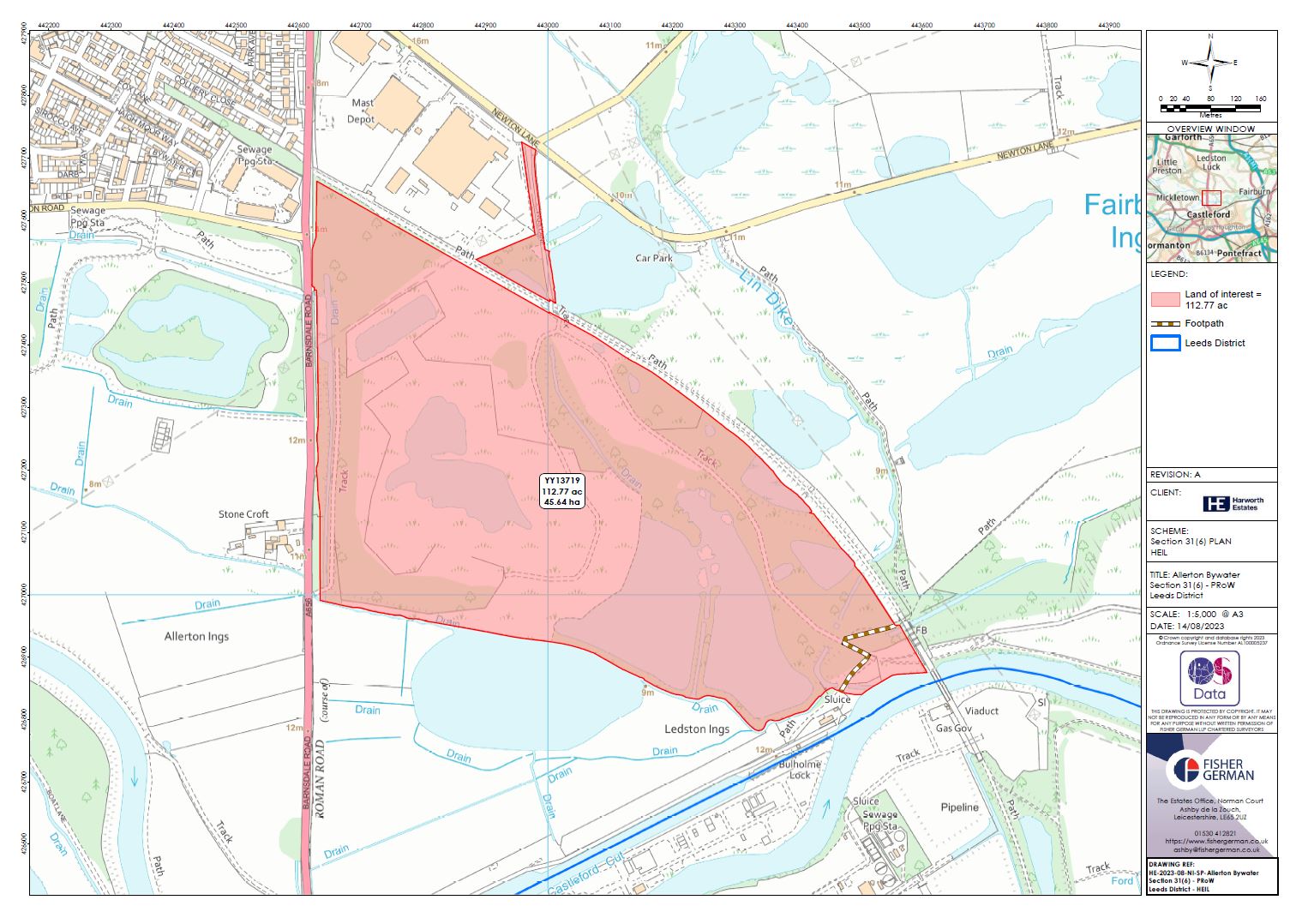Map showing the designated public rights of way on Land at Ings Lane, Allerton Bywater