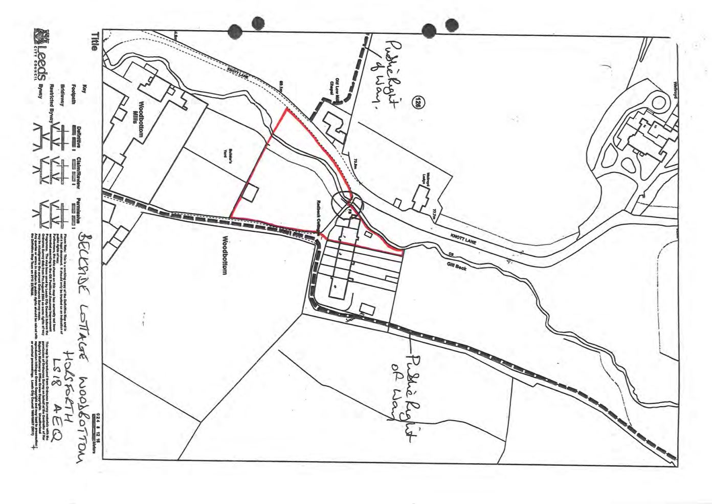 Map showing part of the designated public rights of way on land known as Beck Cottage, Horsforth
