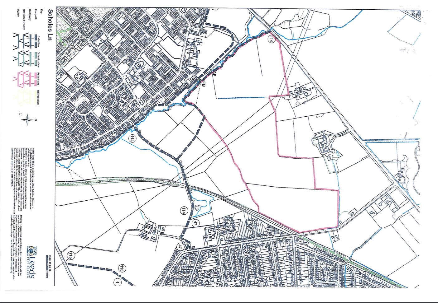 Map showing part of the designated public rights of way on land at York Road Whinmoor and Station Road Scholes