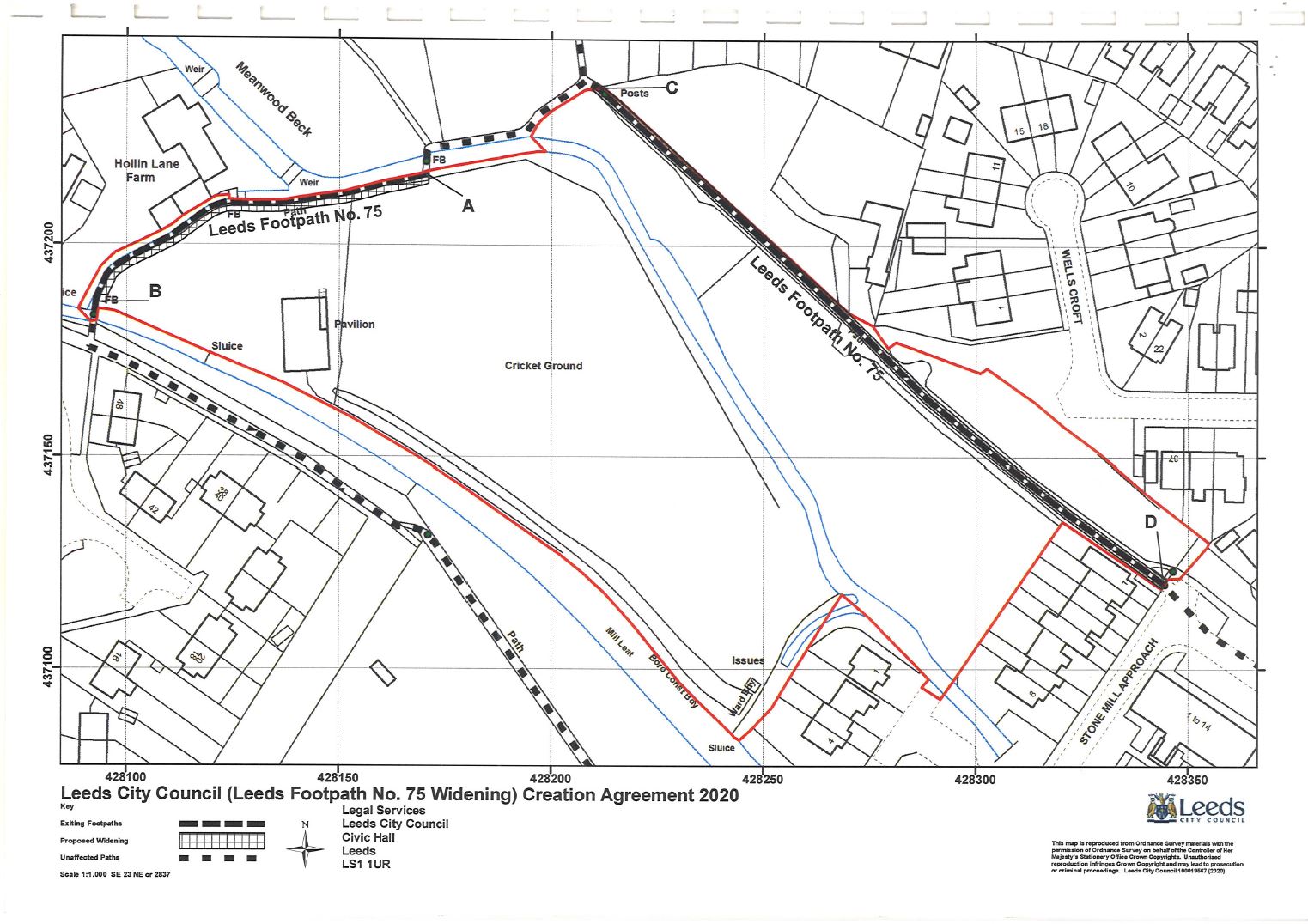 Map showing part of the designated public rights of way on Land North West of Stonemill Approach, Meanwood, LS7 previously known as Highbury Cricket Club