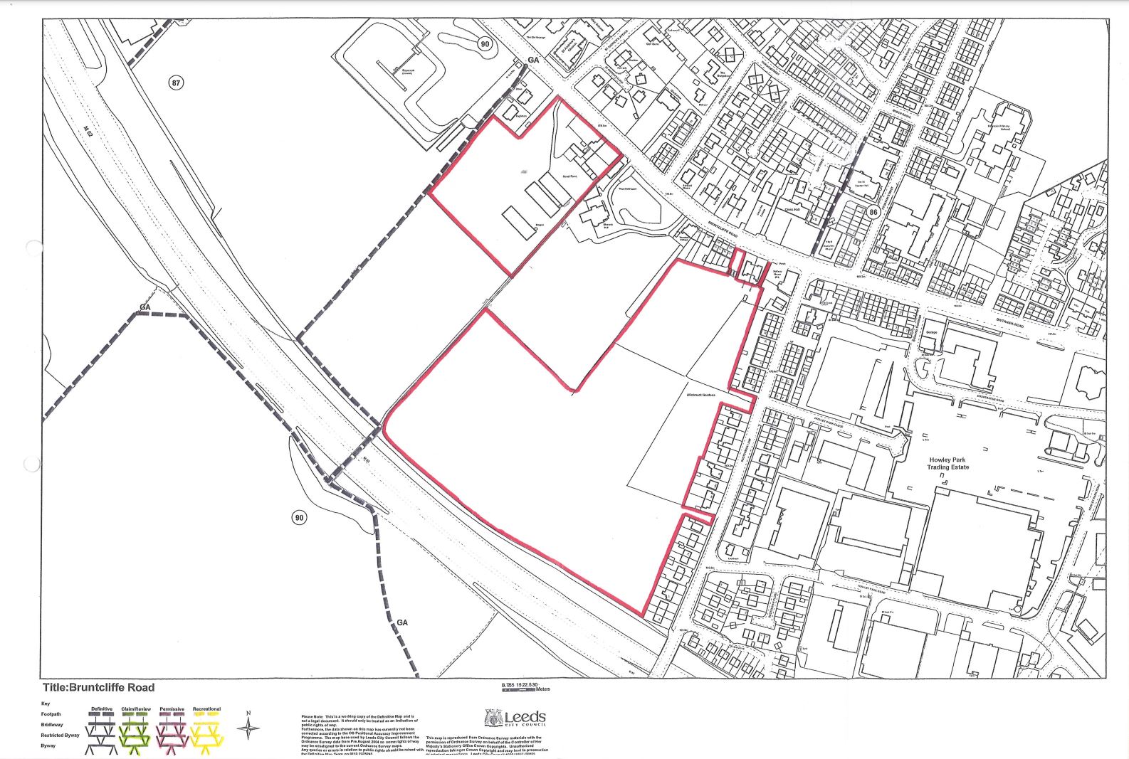 Map showing part of the designated public rights of way on land known as Bruntcliffe Road