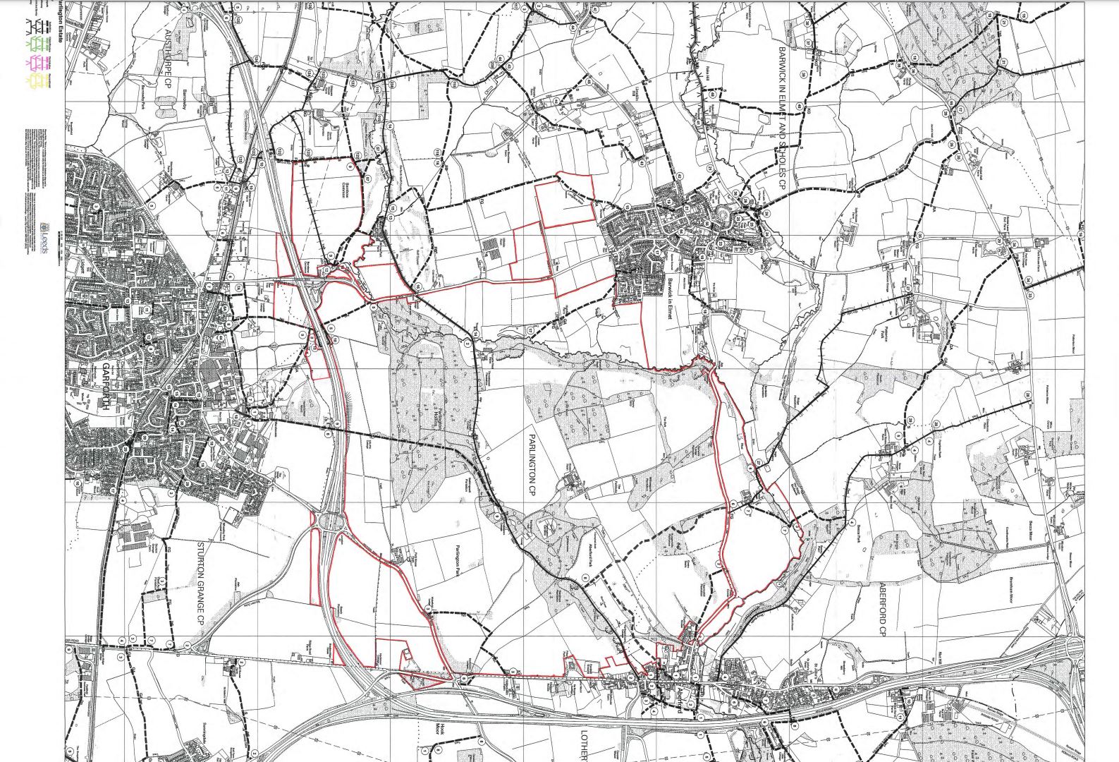 Map showing part of the designated public rights of way on land known as The Parlington Estate, Nr Aberford, Leeds, LS25 3EG