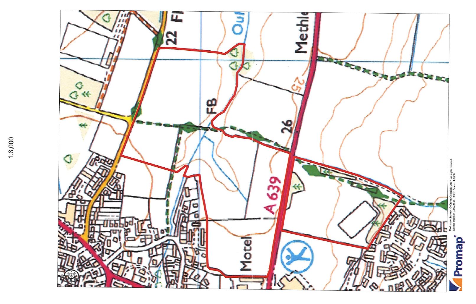 Map showing the designated public rights of way on land north and south of the A639, Oulton
