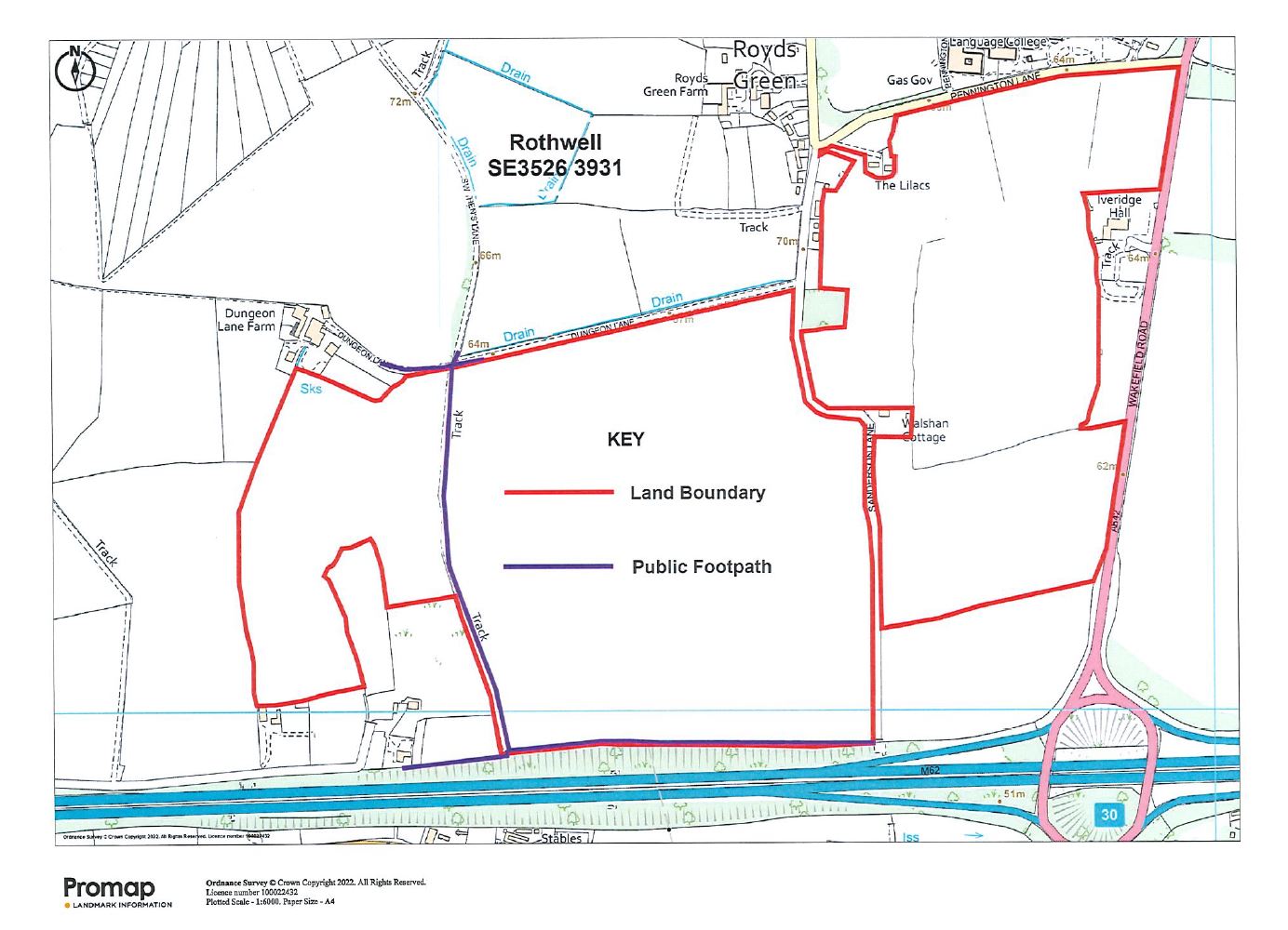 Map showing the designated public rights of way on land west of Methley and north of the M62 (Junc. 30)
