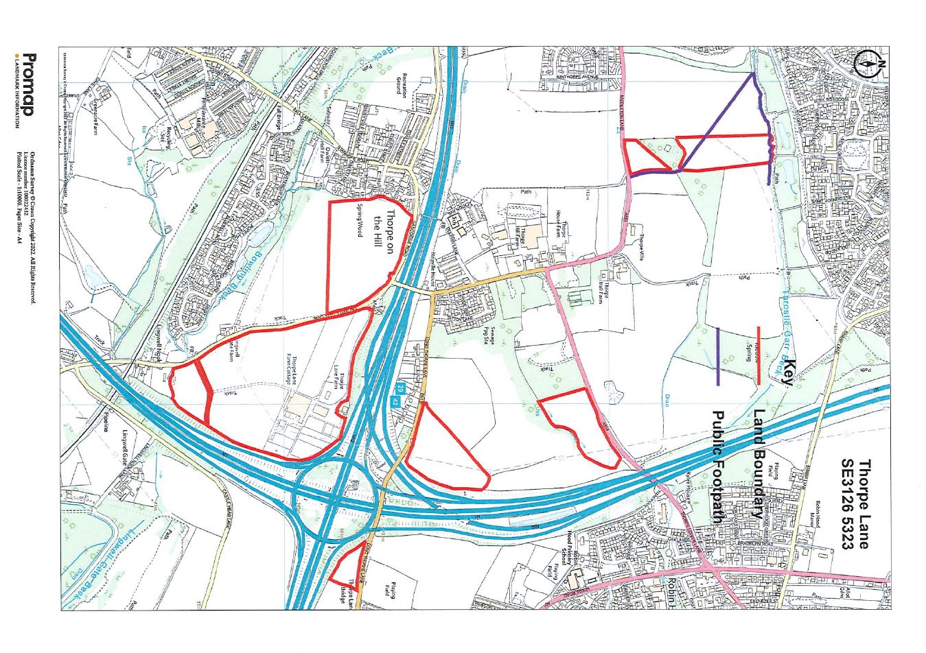 Map showing the designated public rights of way on land southeast of Middleton and north, north east and southwest of Lofthouse interchange M62 (Junc. 29) Thorpe Lane Farm
