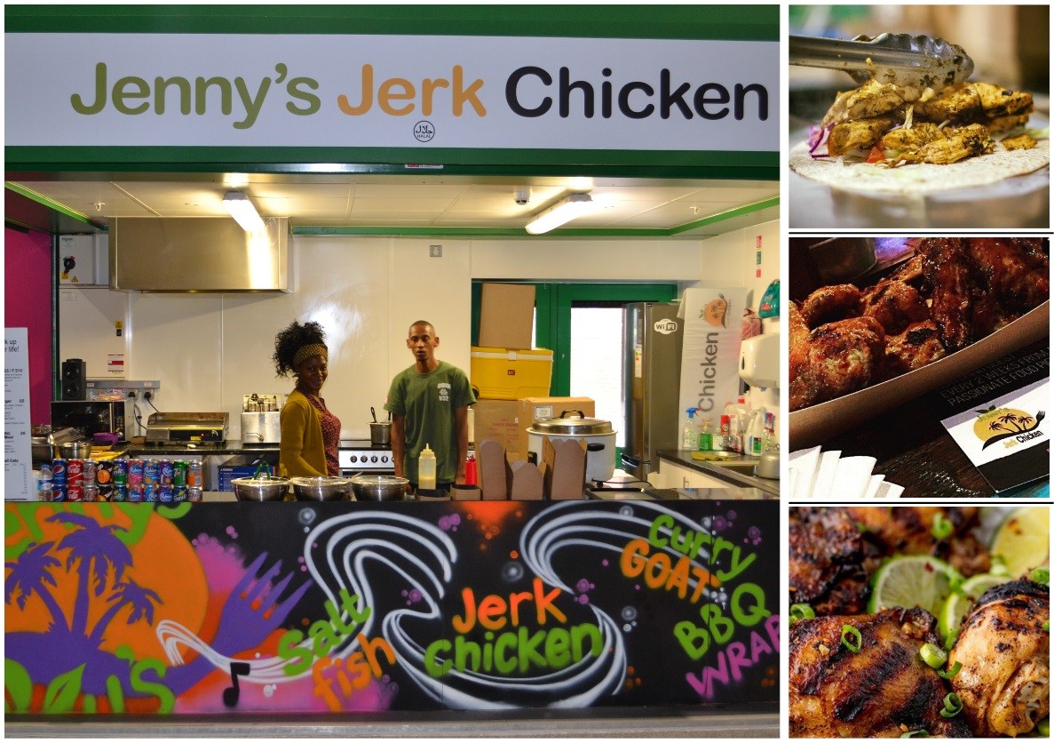 Jenny’s Jerk Chicken food stall plus close ups of the food for sale<