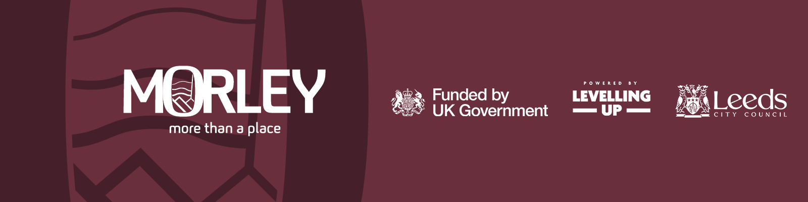 Morley town deal footer with logo, text reads MORLEY more than a place. 3 other logos: Funded by UK Government / Powered by Levelling up / Leeds City Council