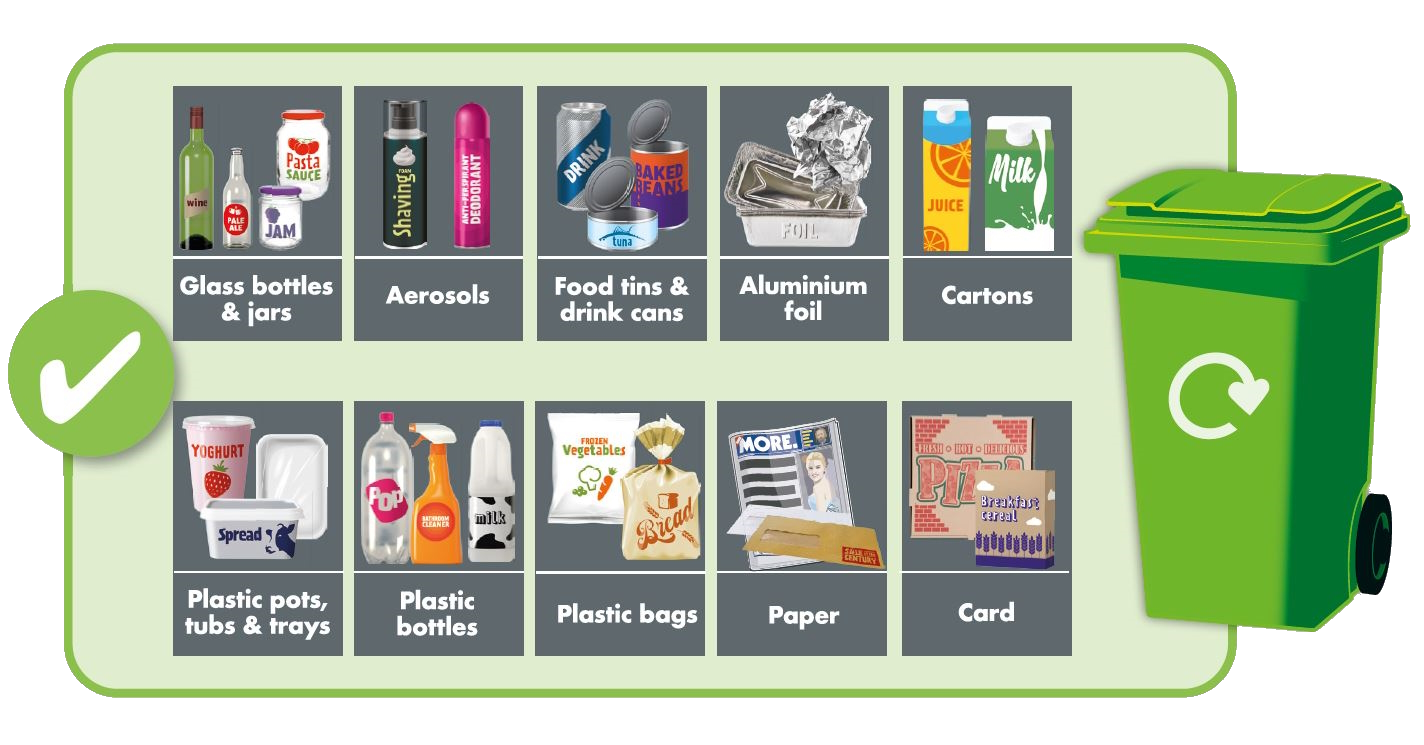 image showing a green recycling wheelie bin with glass, paper, card, cartons, food and drinks cans, foil, aerosols, plastic pots, plastic bottles and plastic bags, which can all be recycled in Leeds