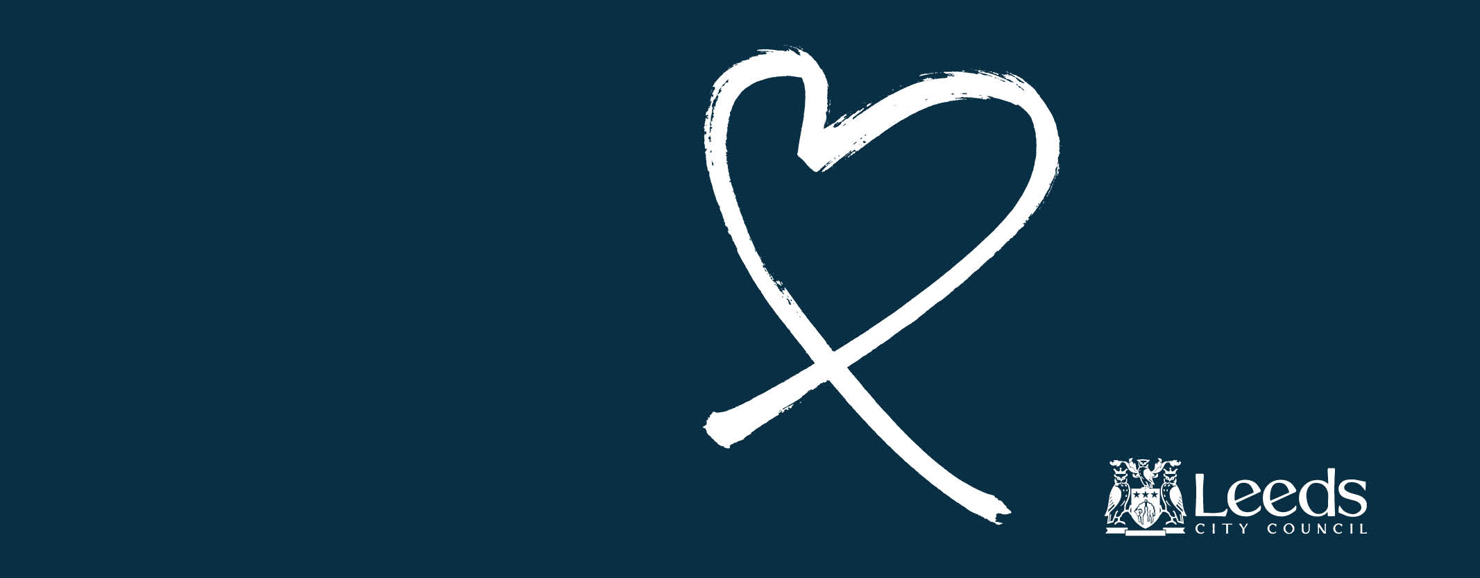 Banner with a dark background and a white heart/cross logo and the Leeds City Council crest and logo in bottom right corner
