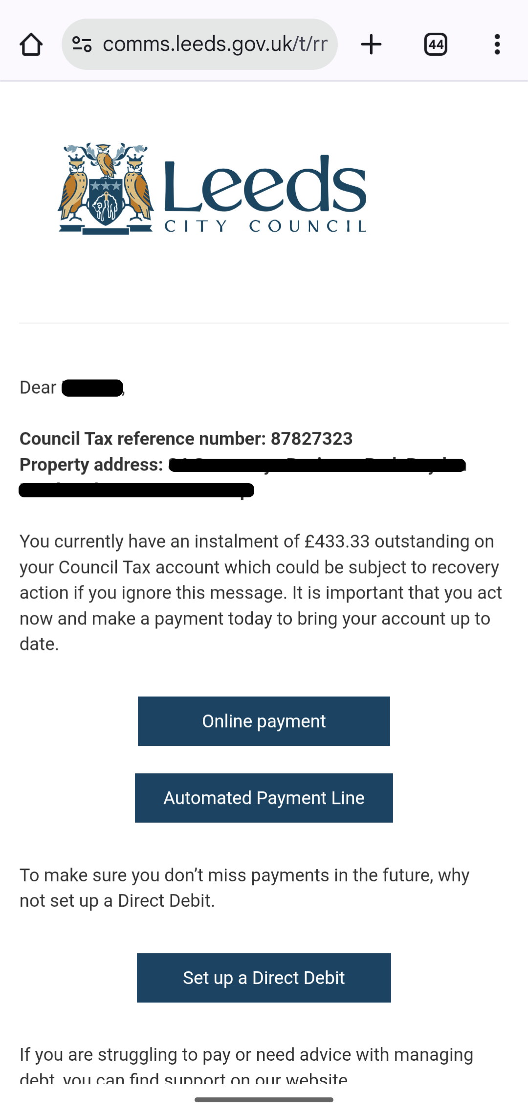 image showing the web page once a postcode has been correctly entered for your unique link. It will state the reference number for your council tax account, the amount due and links to pay online, go to the automated payment line or set up a direct debit