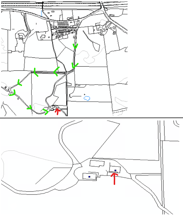 Map highlighting the cafe building on the right of three buildings represented as rectangle outlines