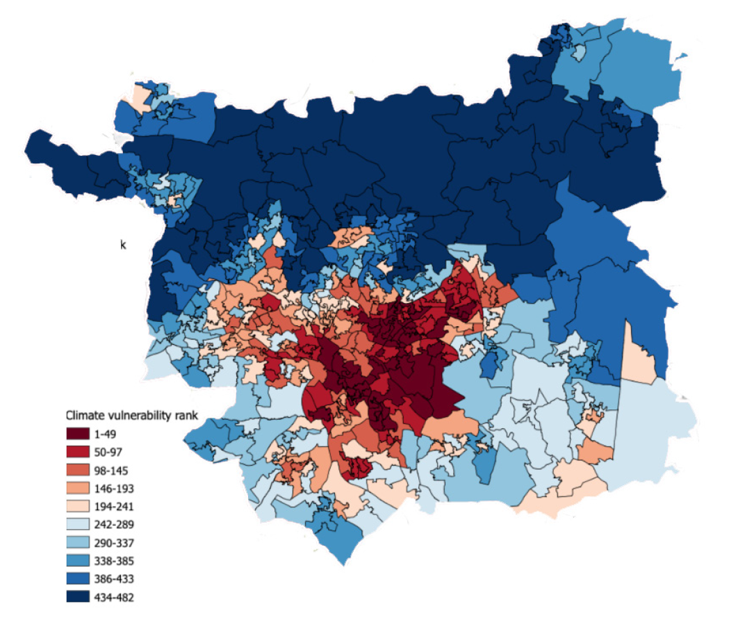Map showing climate vulnerability in Leeds, generally showing the most at risk are the most deprived areas, generally showing this closest to the surrounding areas of the city centre and the least vulnerability as you go further out with a large area to the north having the lowest vulnerability ranks