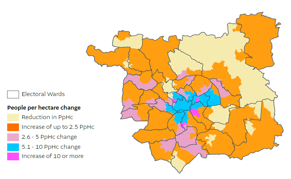 Map showing density of population changes in Leeds, showing the most significant increases in and near to the city centre and increases generally across most of Leeds. Decreases are shown predominantly in more rural areas of Leeds