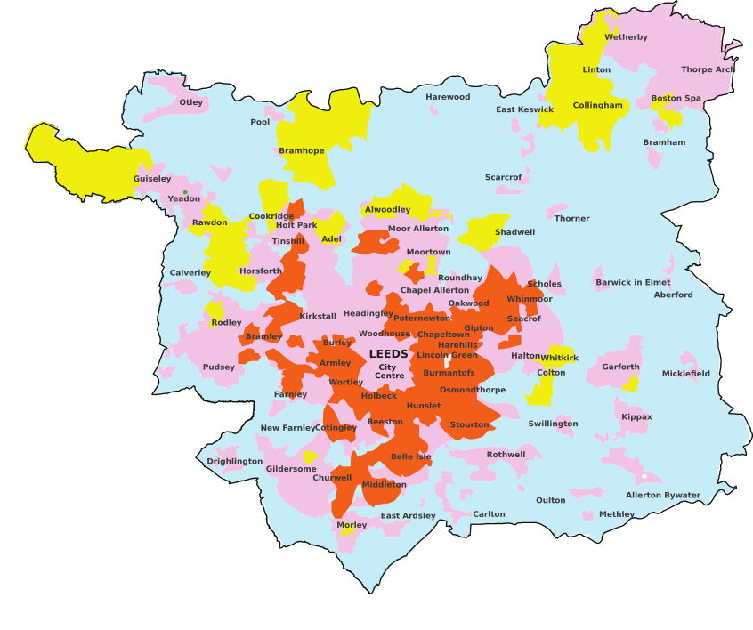 Map of Leeds showing the most and least deprived areas, most deprived mainly north-east, east and south of the city centre with some smaller areas to the west around Armley, Bramley and north of Bramley. Least-deprived areas mostly to the north including Bramhope, Collingham and Linton, Alwoodley, Cookridge and Adel with some small areas in the south of Leeds