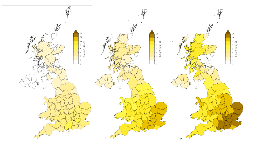UK map highlighting how average temperatures have risen in all areas across the UK