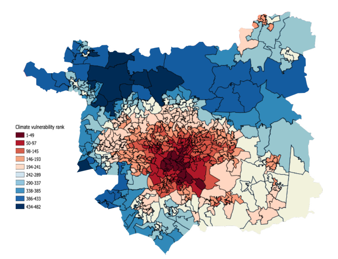 Urban Heat Island effect map showing the most densely populated neighbourhoods (city centre the highest population density) experiencing the highest temperatures in Leeds during heatwaves