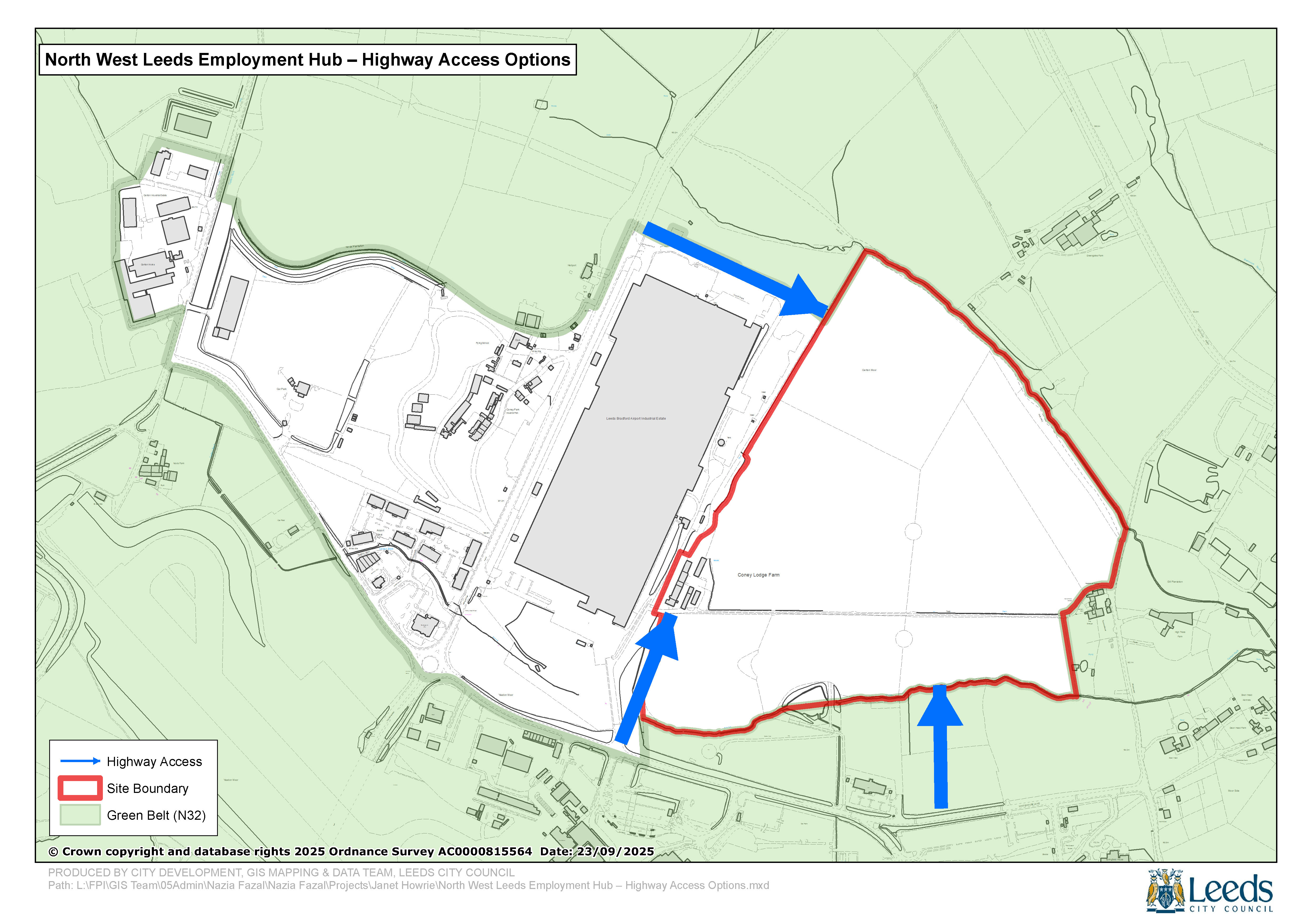 North West Leeds Employment Hub – Map 3 Highway Access Options showing 3 options with blue arrows