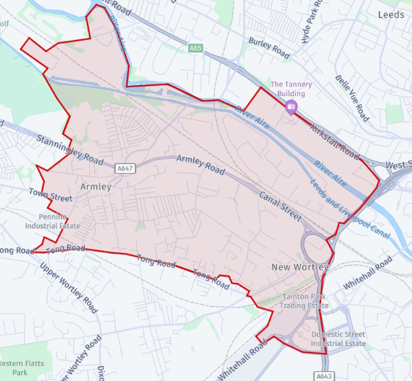 Map of armley new wortley with red line around area
