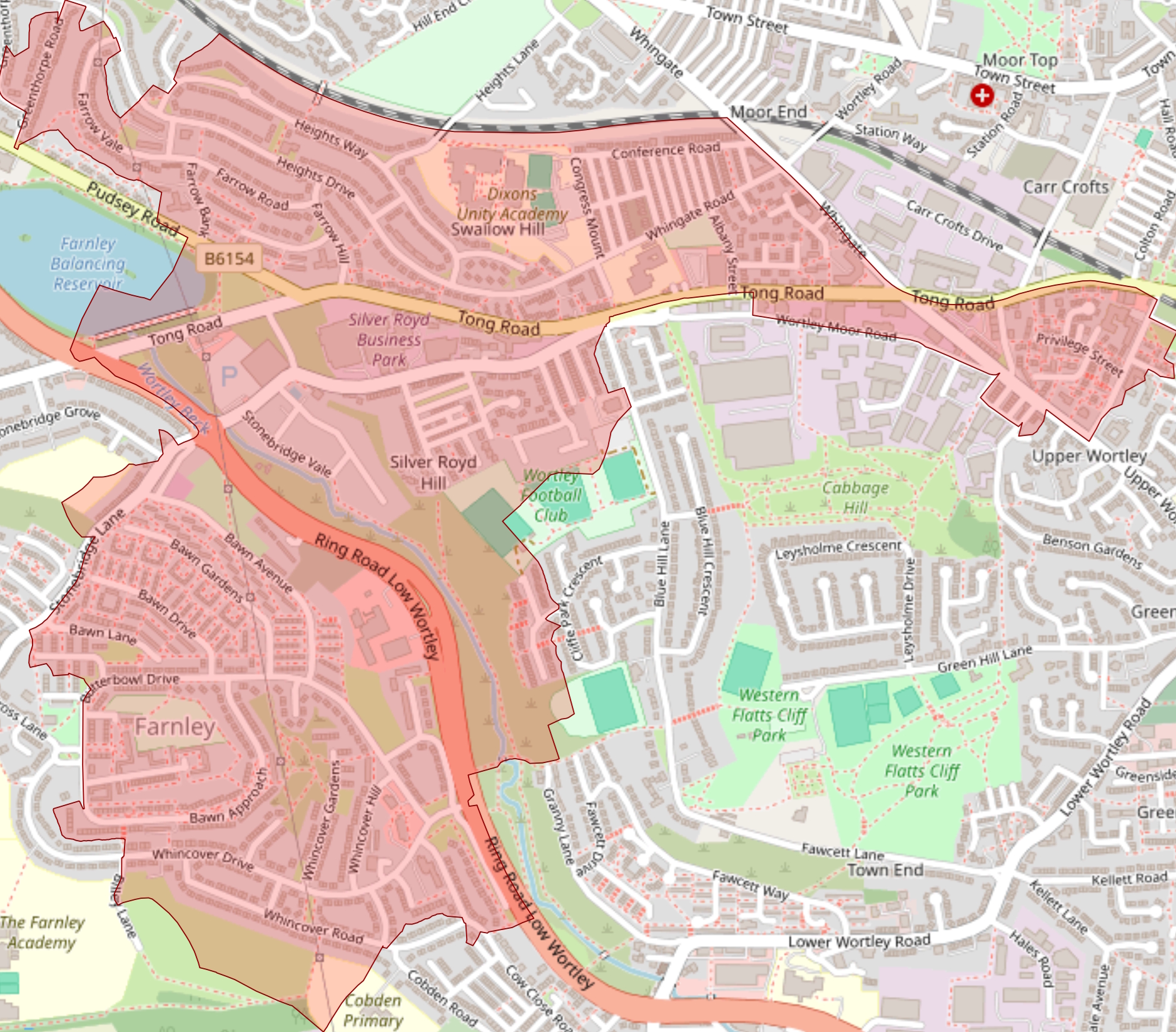 Map of Farnley with red outline of Farnley East