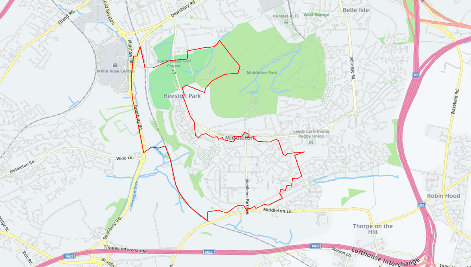 Map of middleton park avenue with red line around area