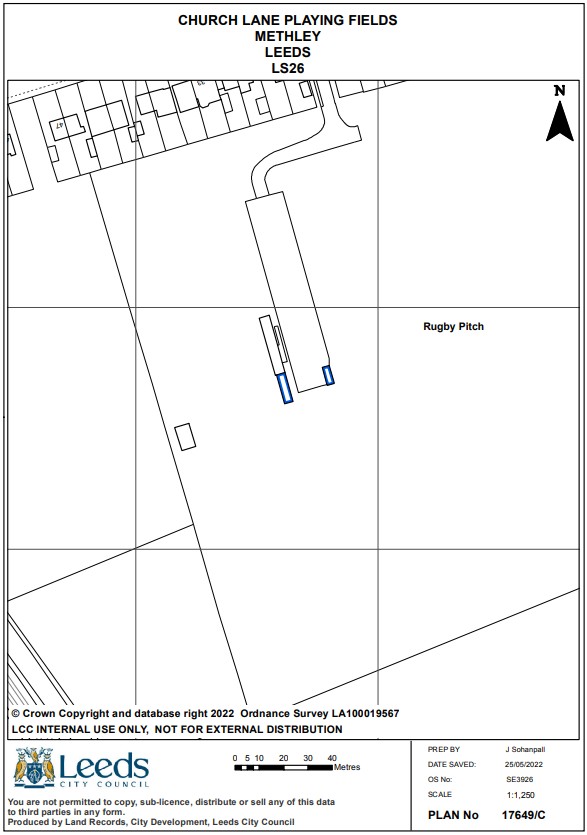 OS Map at scale 1:1,250 Plan No 17649/C Land at Land at Church Lane Playing Fields, Methley, Leeds LS28 showing land outlined in blue.