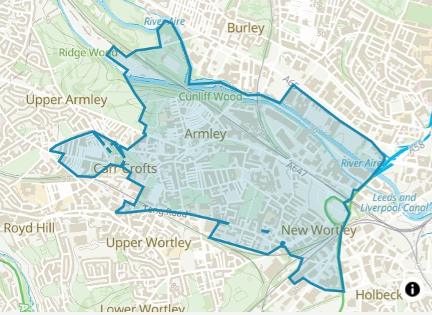 Aerial map of Armley ward highlighted in blue
