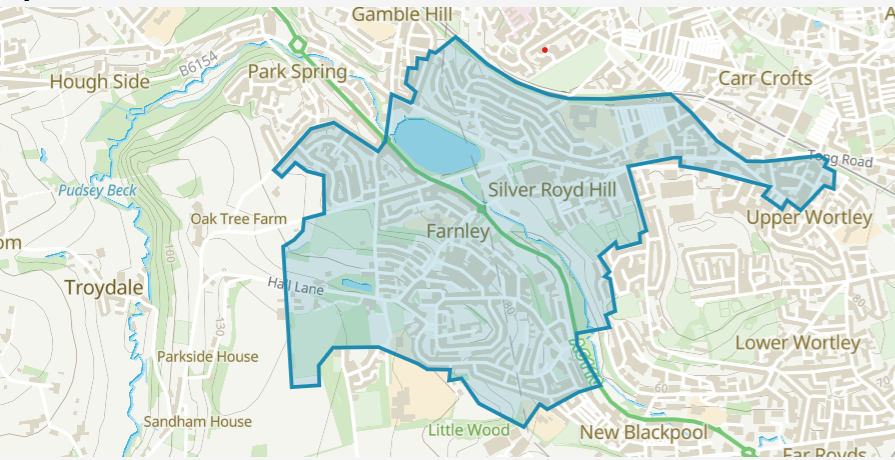 Aerial map of Farnley east ward highlighted in blue