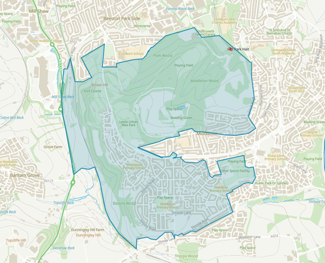 Aerial map of Middleton ward highlighted in blue