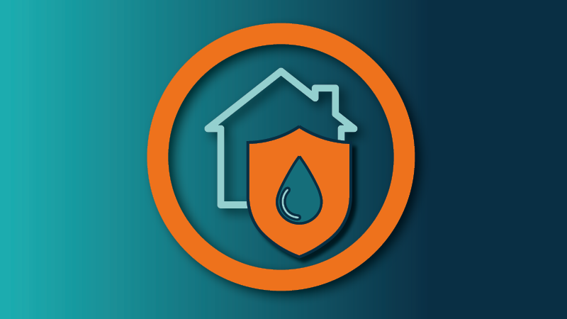 A gradient image with house icon surrounded by an orange outline with a water droplet