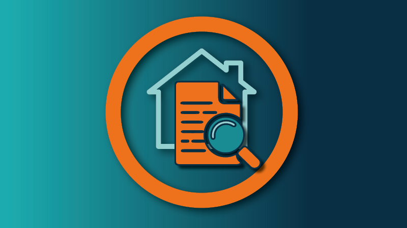 A gradient image with a house icon and magnifying glass