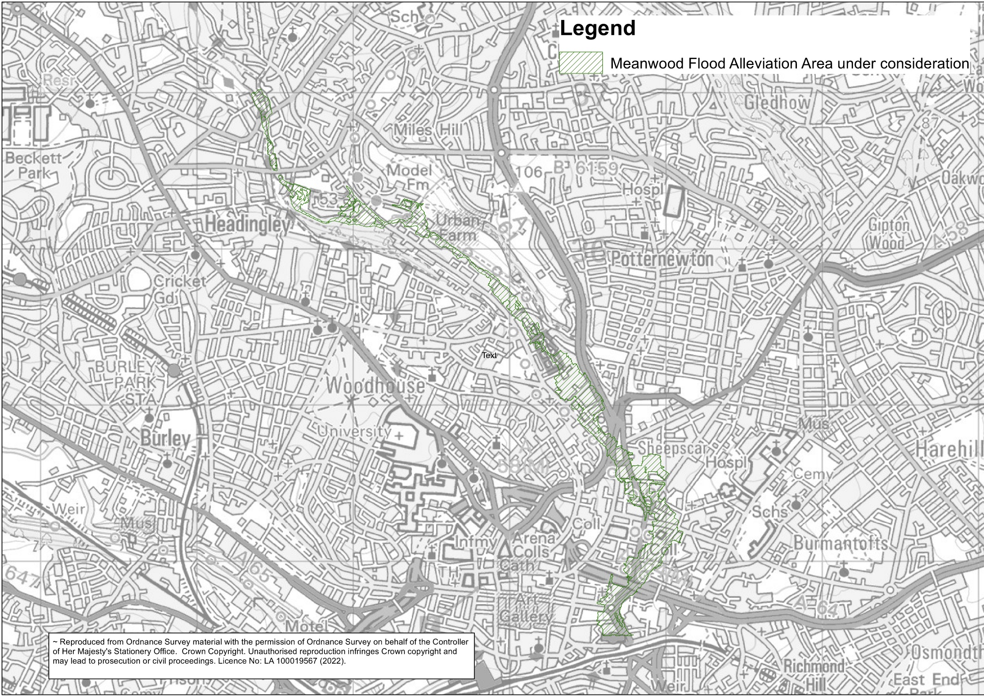 Map showing hatched area under consideration for the Meanwood Beck FRS