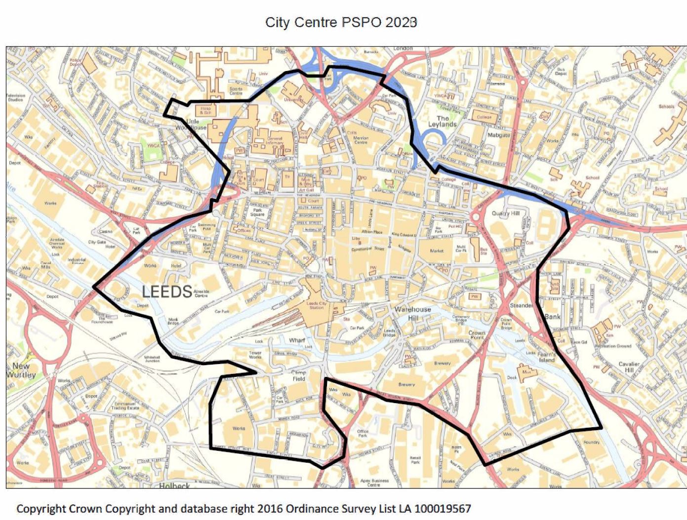 Map showing the PSPO boundary area of Leeds City Centre edged in black