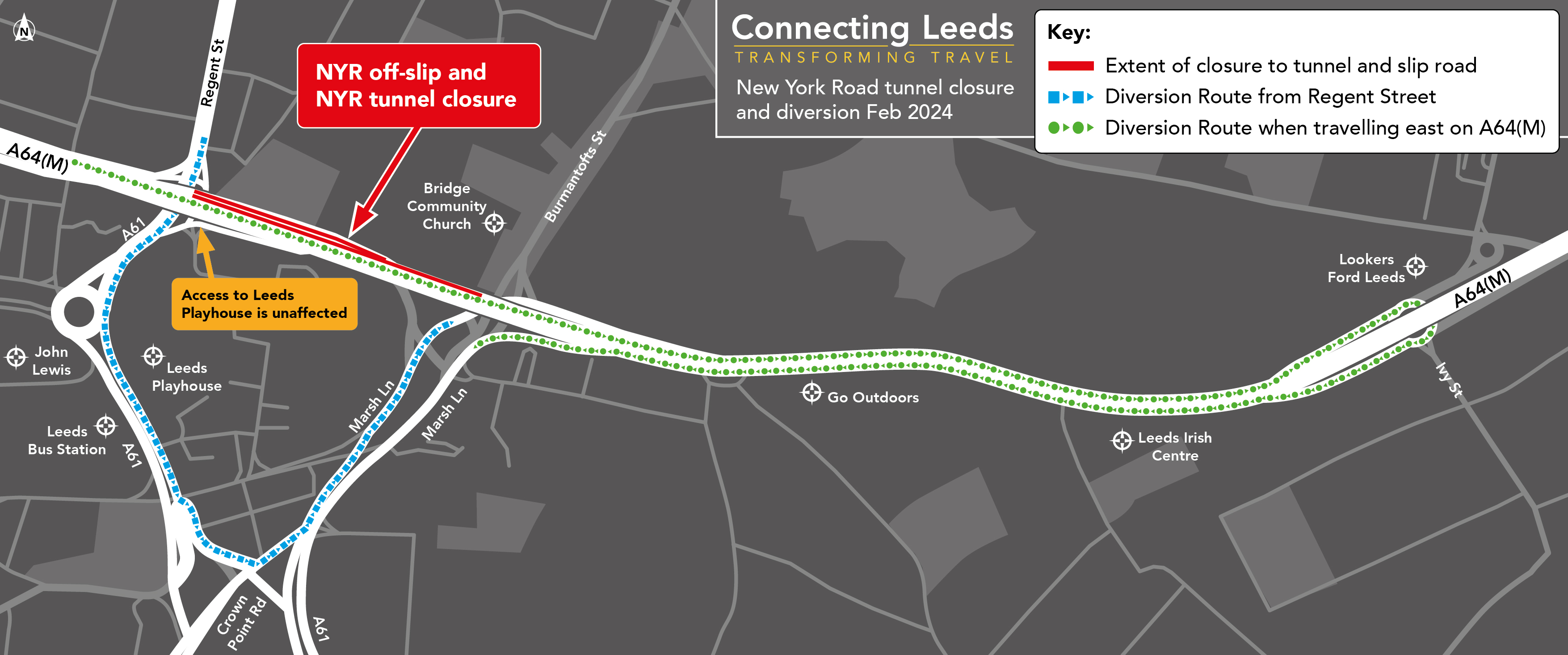 map showing diversion routes for the New York Road Tunnel closures, directions listed below