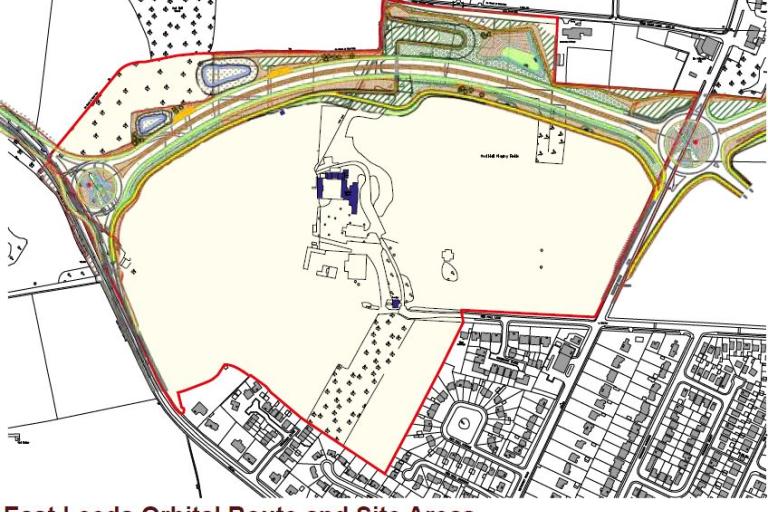 Route of East Leeds Orbital Route overlaid onto the Red Hall development site (correct at the time of publication)