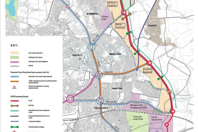 East Leeds Extension indicative route around East Leeds, from just east of the Leeds Golf Club around to future Thorpe Park and ending at the existing Thorpe Park (at the time of publishing)