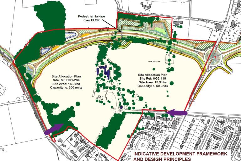 Red Hall boundary and ELOR route map overlay with landscape features and additional pedestrian bridge towards the top centre of the boundary area over ELOR
