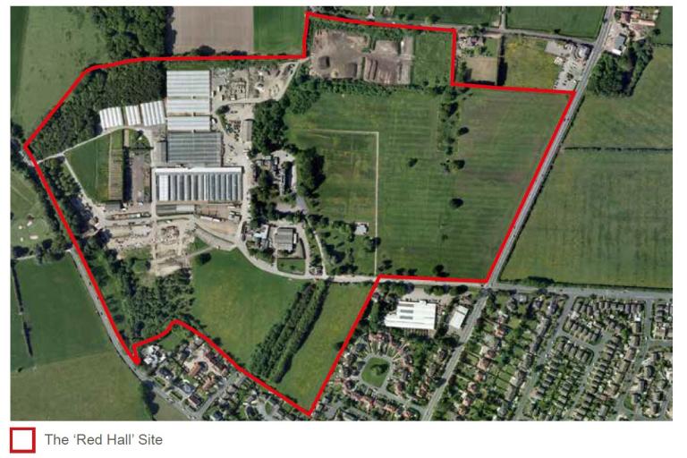 Red Hall land aerial view showing red line boundary which includes fields, trees and buildings